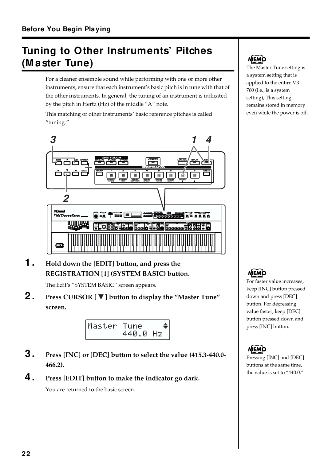 Roland VR-760 owner manual Tuning to Other Instruments’ Pitches Master Tune, Edit’s System Basic screen appears 