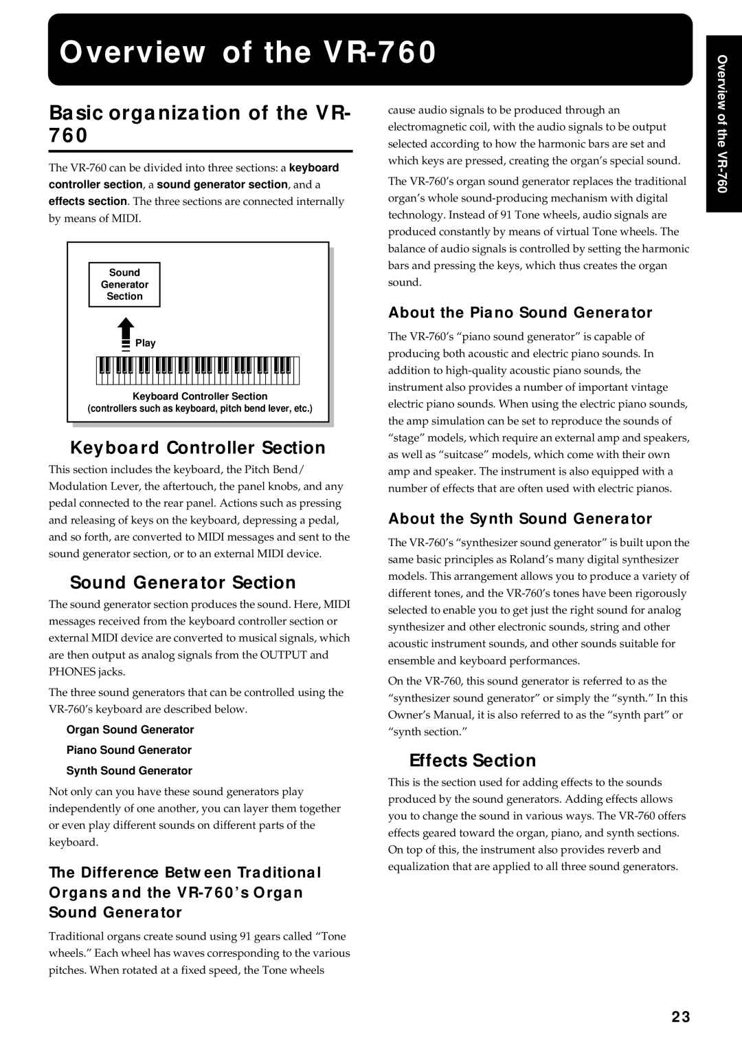 Roland Overview of the VR-760, Basic organization of the VR, Keyboard Controller Section, Sound Generator Section 