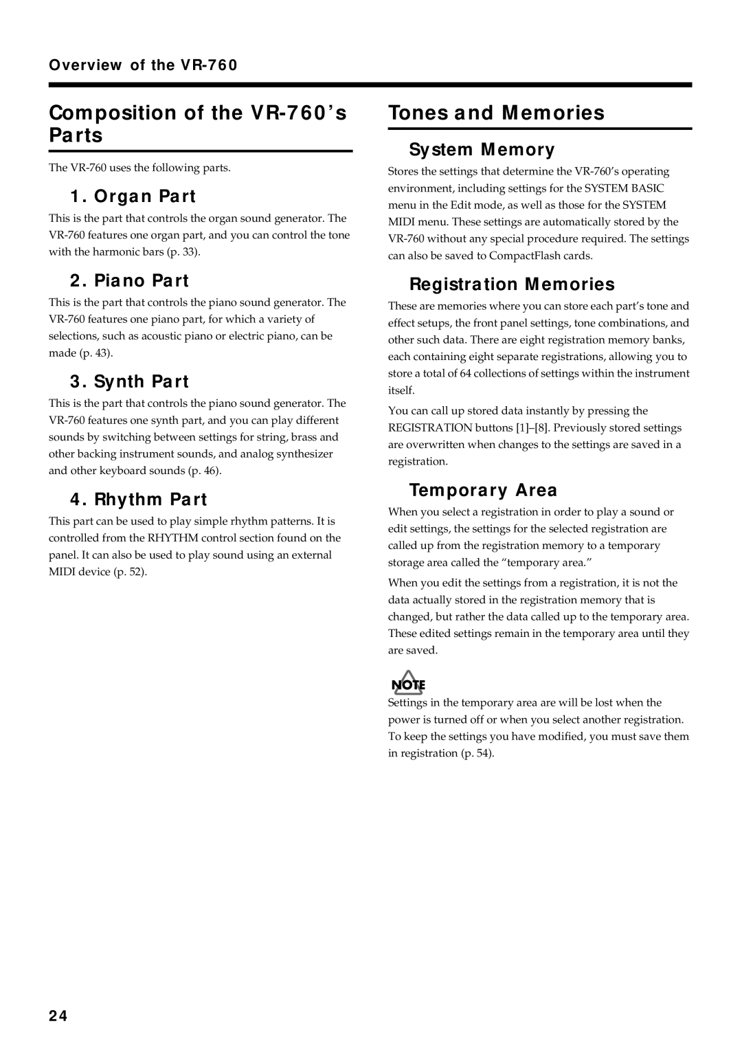 Roland owner manual Composition of the VR-760’s Parts, Tones and Memories 