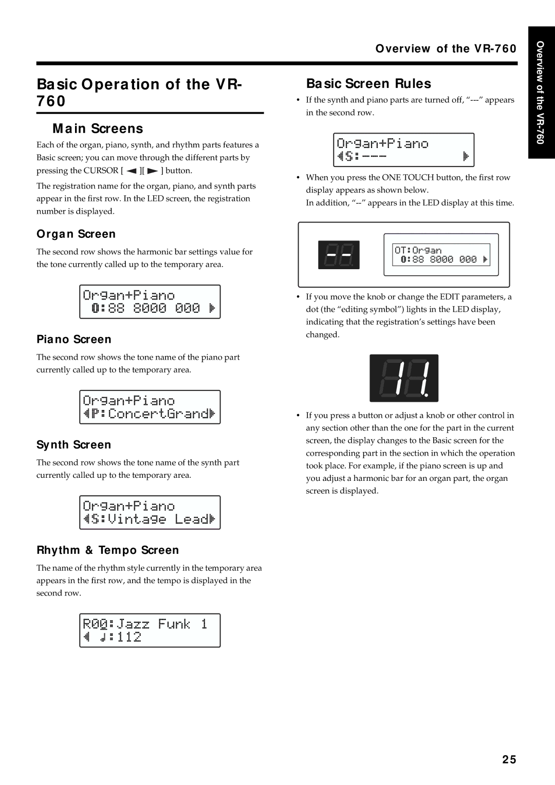 Roland VR-760 owner manual Basic Operation of the VR, Main Screens, Basic Screen Rules 