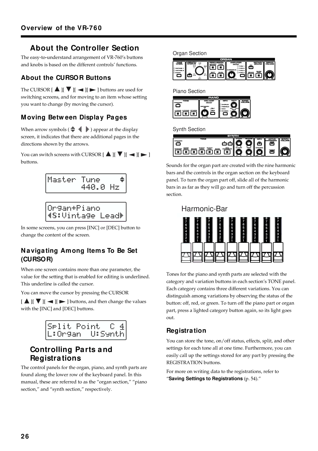 Roland VR-760 owner manual About the Controller Section, Controlling Parts Registrations 