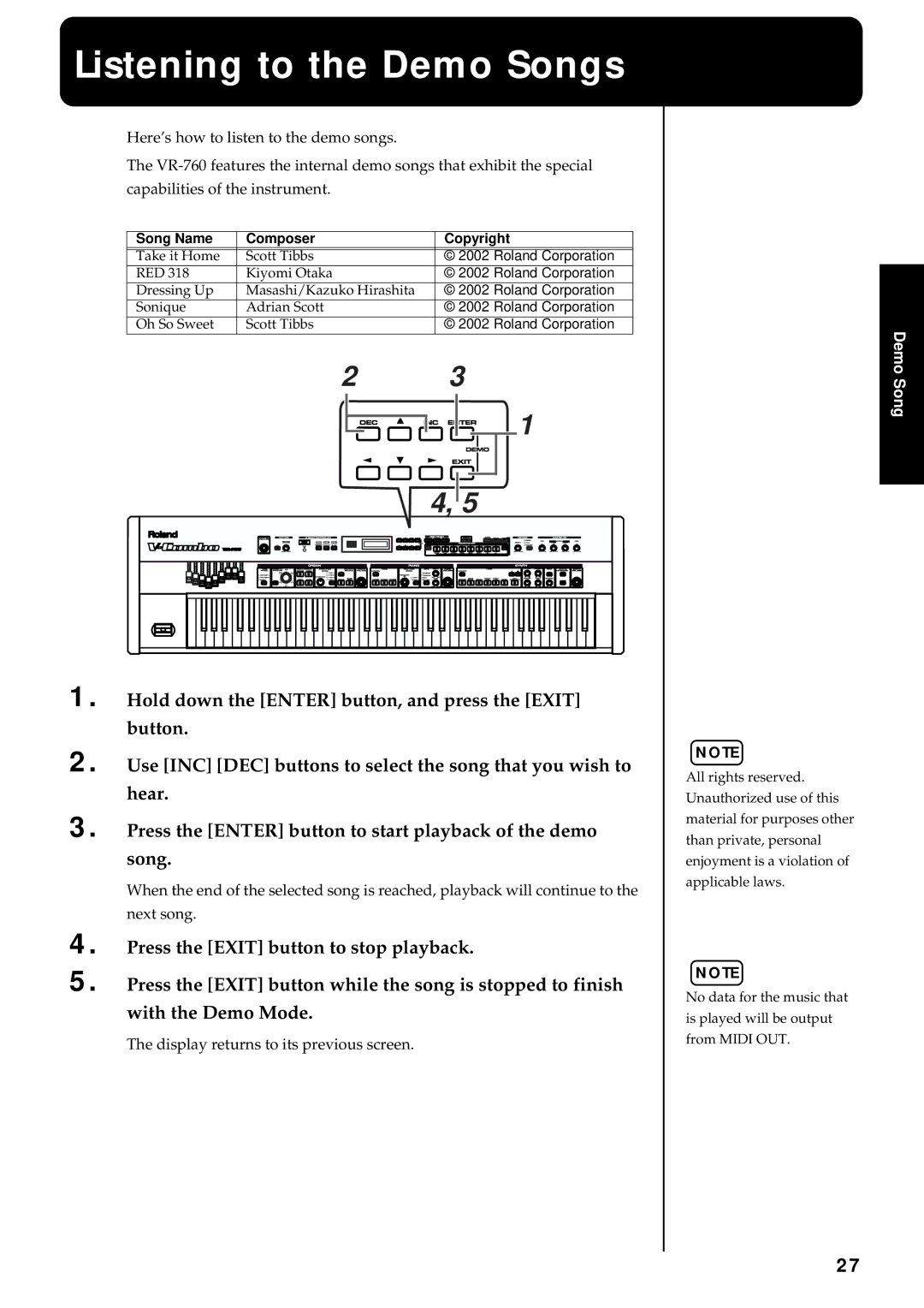 Roland VR-760 Listening to the Demo Songs, Display returns to its previous screen, Song Name Composer Copyright 