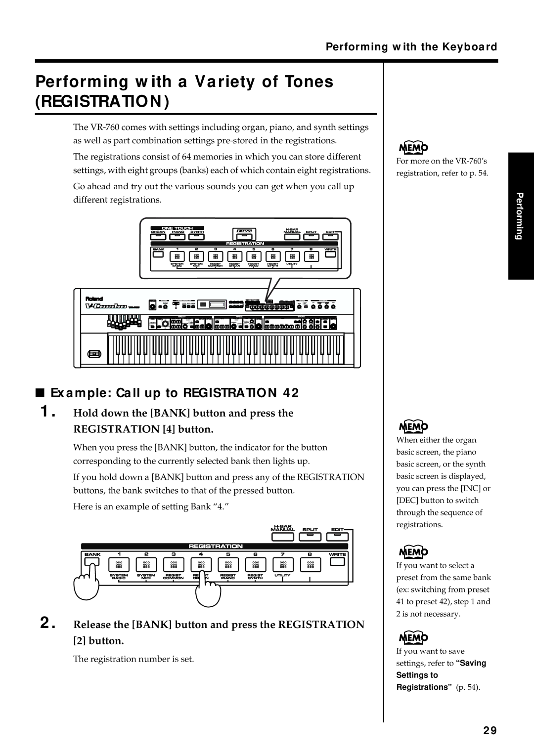 Roland VR-760 Performing with a Variety of Tones, Example Call up to Registration, Performing with the Keyboard 