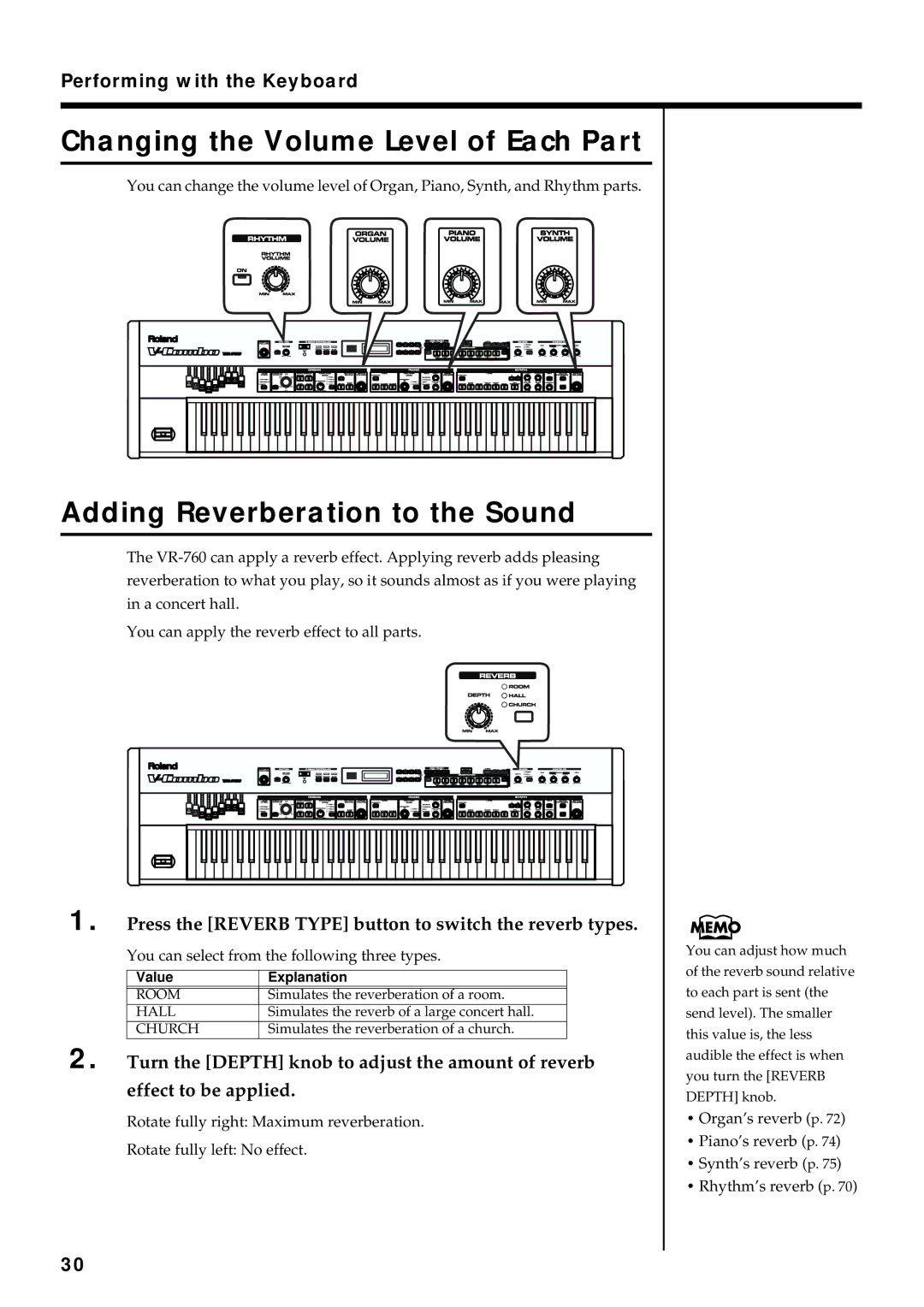 Roland VR-760 owner manual Changing the Volume Level of Each Part, Adding Reverberation to the Sound, Value Explanation 