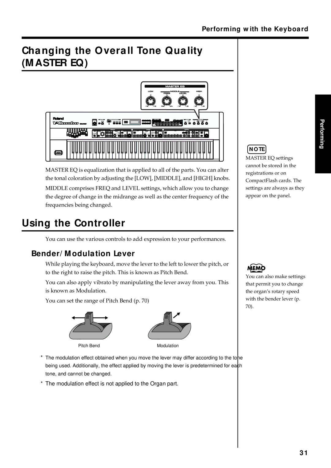 Roland VR-760 owner manual Changing the Overall Tone Quality Master EQ, Using the Controller, Bender/Modulation Lever 