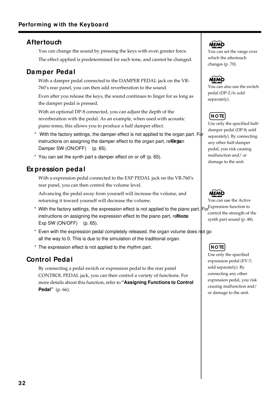 Roland VR-760 owner manual Aftertouch, Damper Pedal, Expression pedal, Control Pedal 