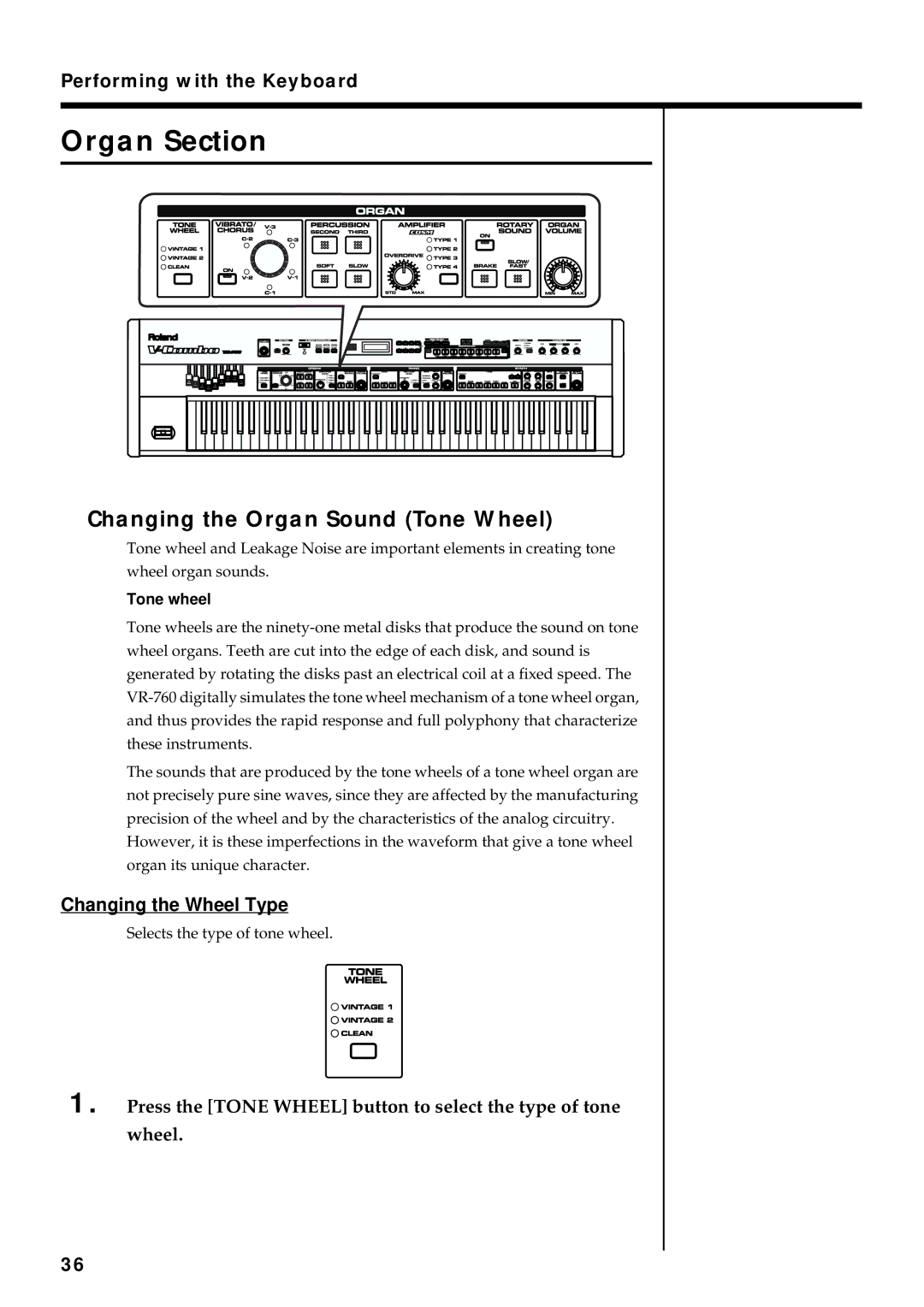 Roland VR-760 owner manual Organ Section, Changing the Organ Sound Tone Wheel, Changing the Wheel Type, Tone wheel 