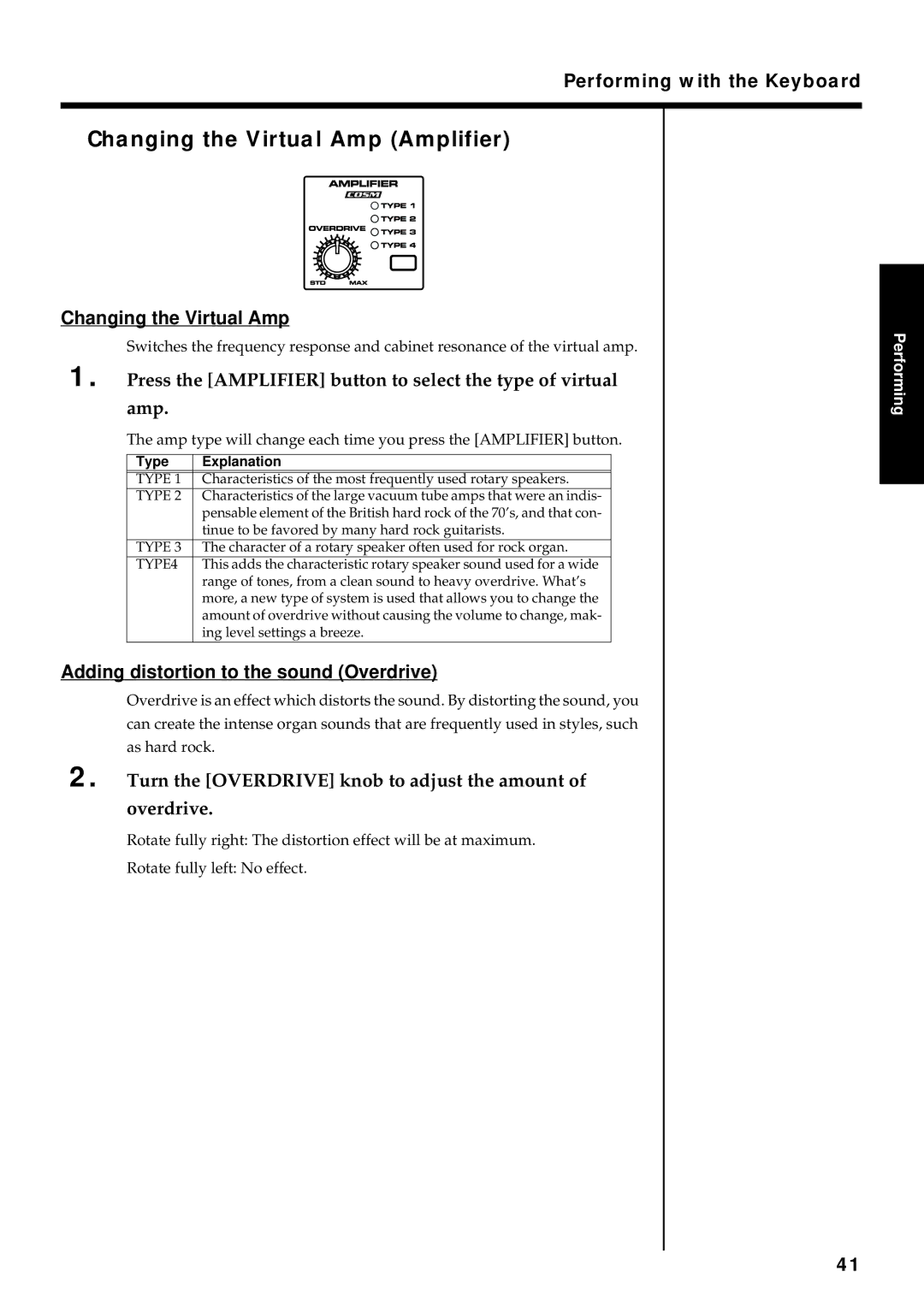 Roland VR-760 owner manual Changing the Virtual Amp Amplifier, Press the Amplifier button to select the type of virtual 