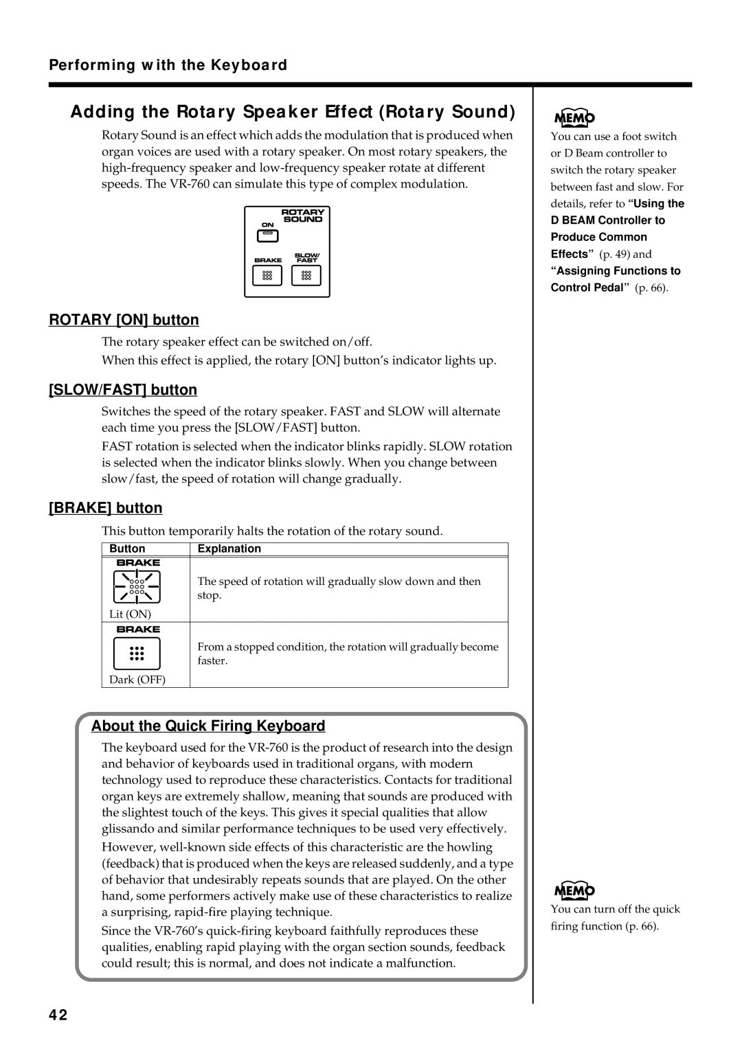 Roland VR-760 owner manual Adding the Rotary Speaker Effect Rotary Sound, Rotary on button, SLOW/FAST button, Brake button 