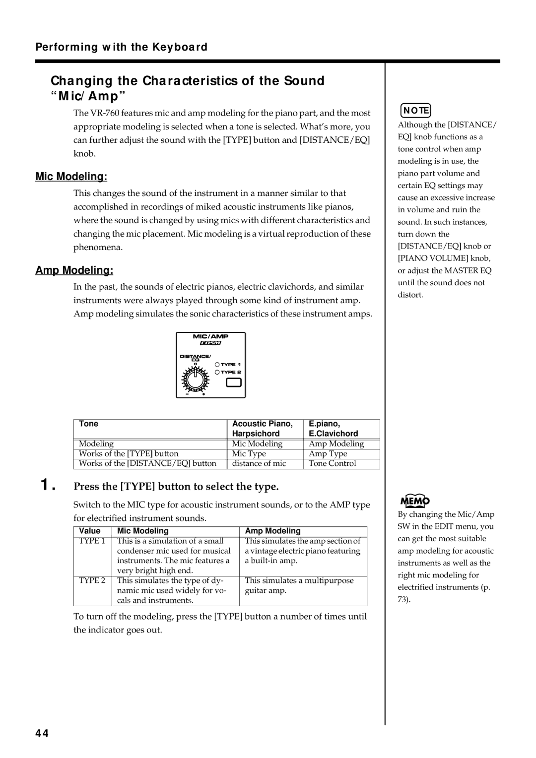 Roland VR-760 owner manual Changing the Characteristics of the Sound Mic/Amp, Mic Modeling, Amp Modeling 