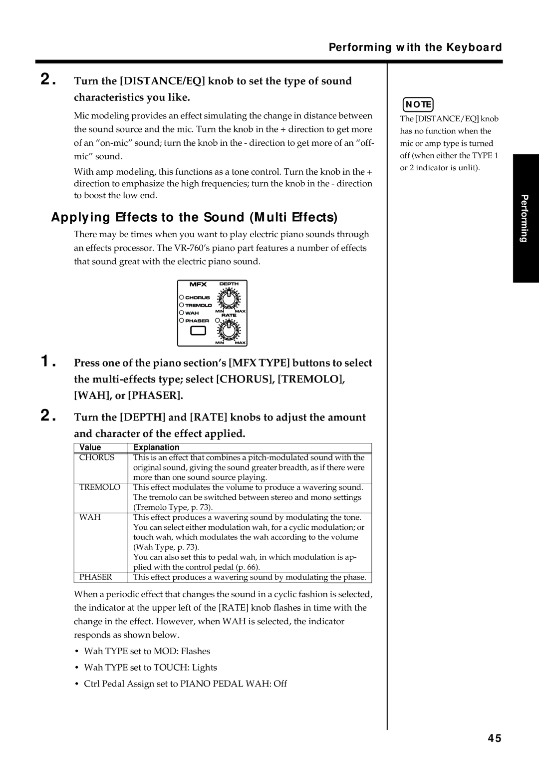 Roland VR-760 owner manual Applying Effects to the Sound Multi Effects, Chorus, Tremolo, Wah, Phaser 