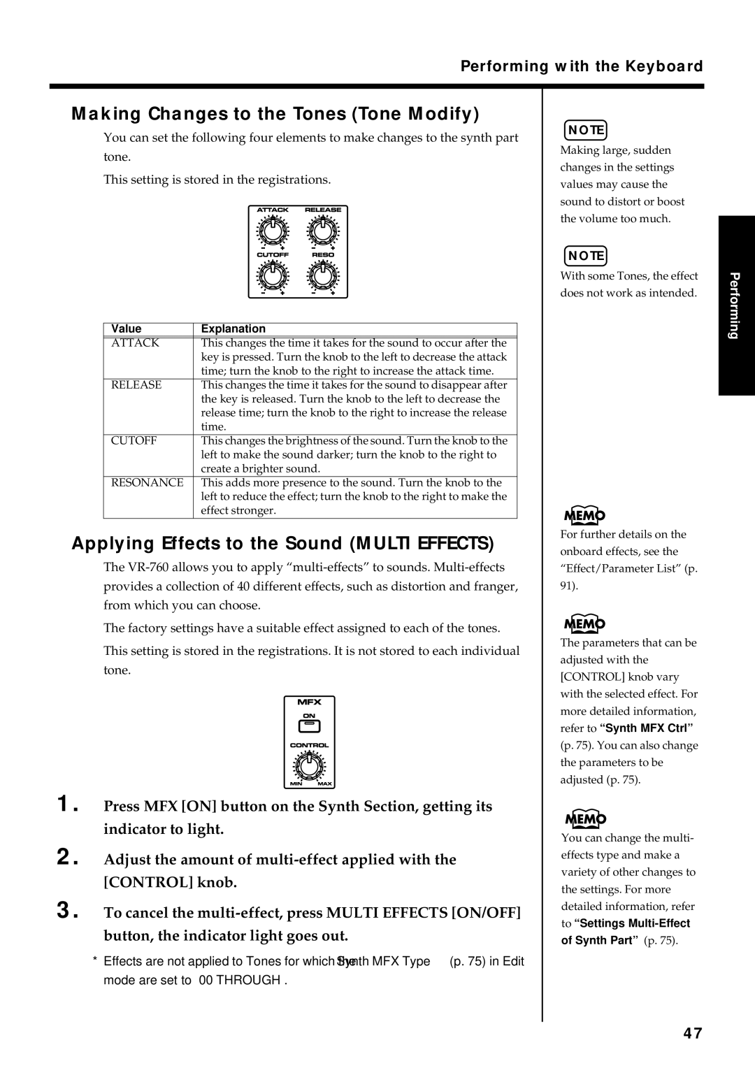 Roland VR-760 owner manual Making Changes to the Tones Tone Modify, Synth Part p 