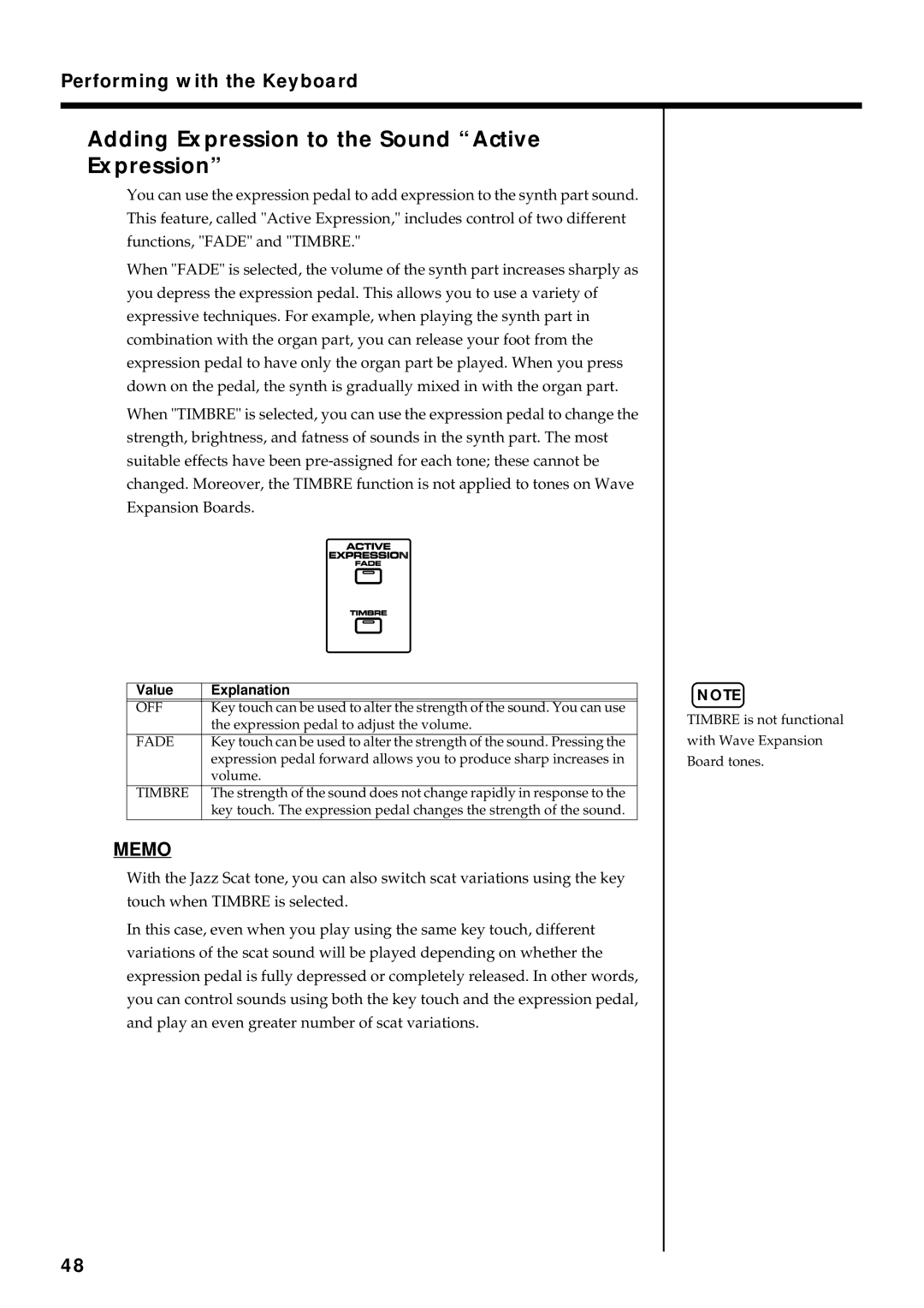 Roland VR-760 owner manual Adding Expression to the Sound Active Expression, Off, Fade, Timbre 