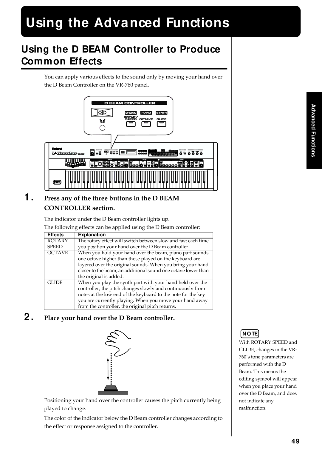 Roland VR-760 Using the Advanced Functions, Using the D Beam Controller to Produce Common Effects, Effects Explanation 