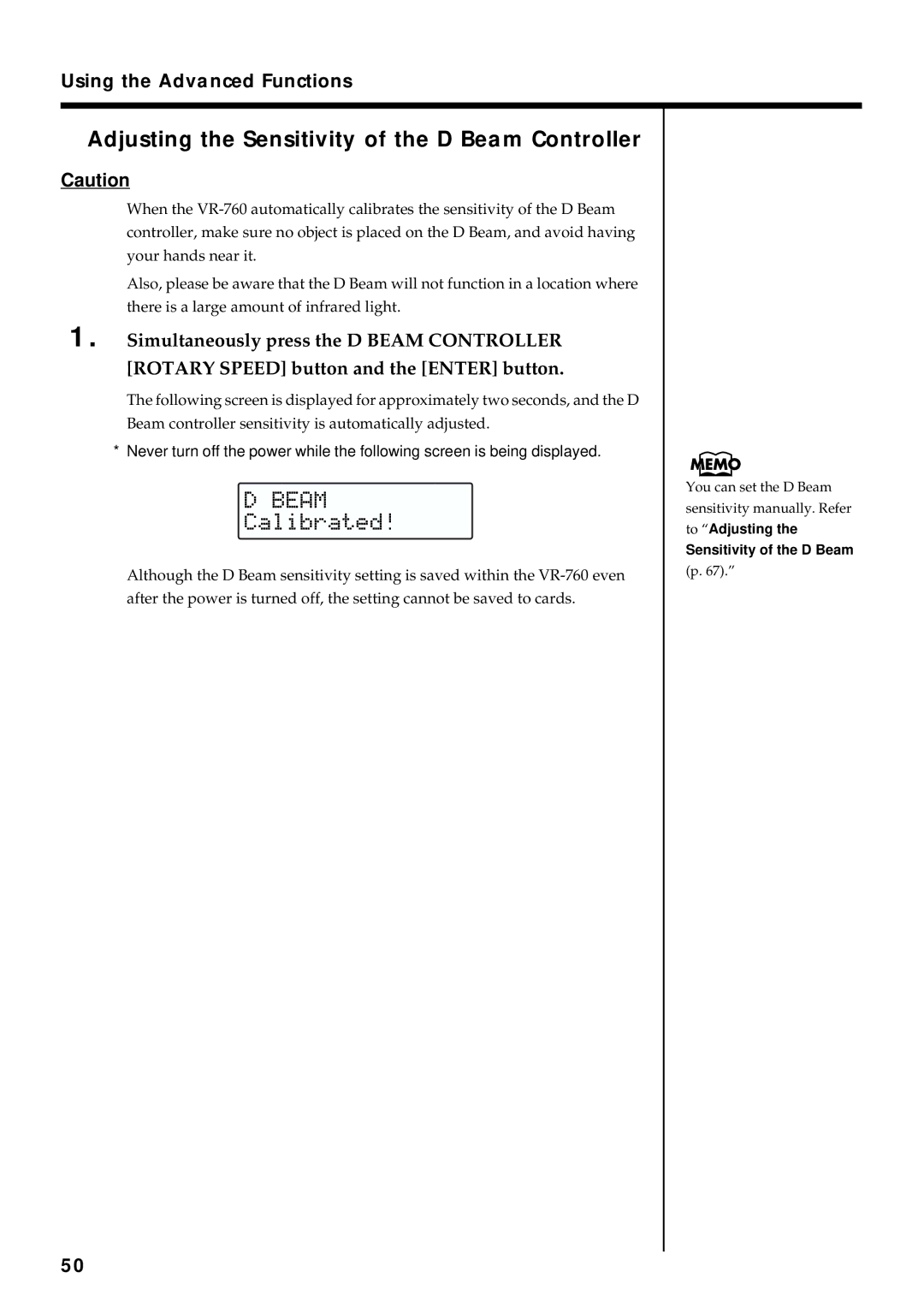 Roland VR-760 owner manual Adjusting the Sensitivity of the D Beam Controller, Using the Advanced Functions 