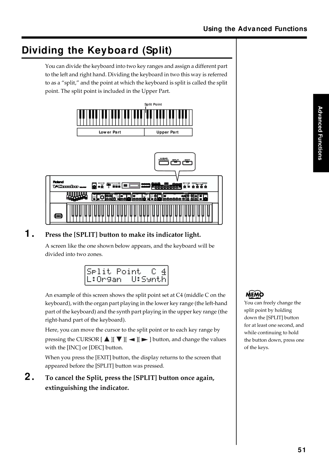 Roland VR-760 owner manual Dividing the Keyboard Split, Press the Split button to make its indicator light 