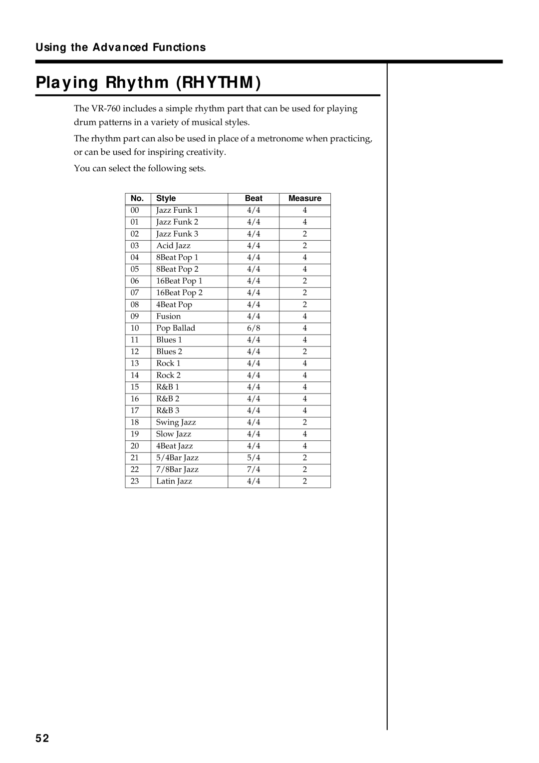 Roland VR-760 owner manual Playing Rhythm Rhythm, Style Beat Measure 