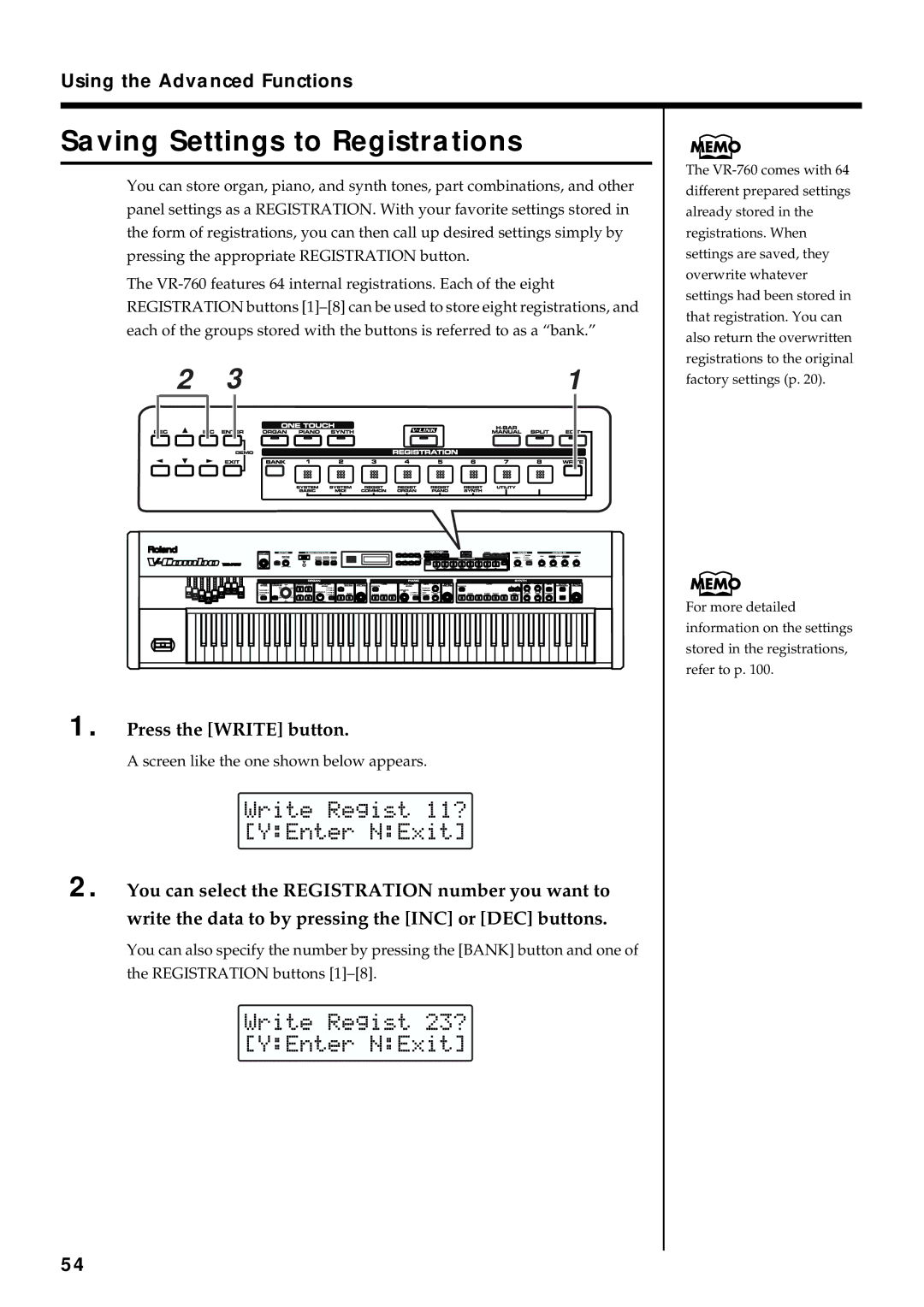 Roland VR-760 Saving Settings to Registrations, Press the Write button, Screen like the one shown below appears 