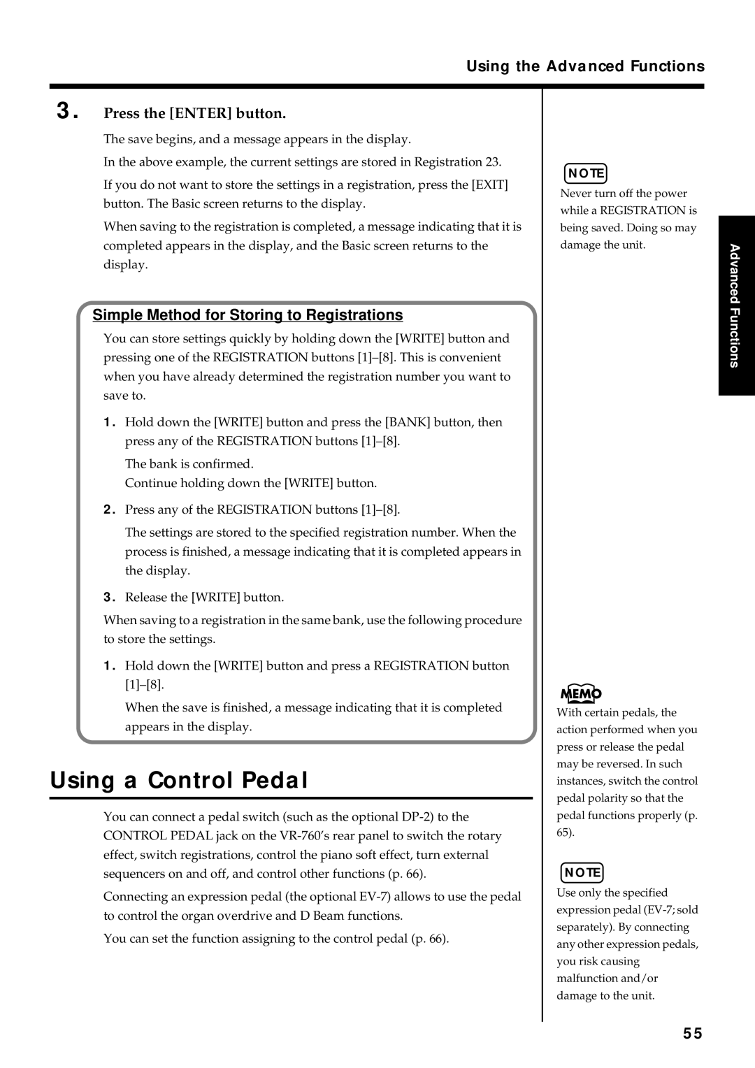 Roland VR-760 owner manual Using a Control Pedal, Simple Method for Storing to Registrations 