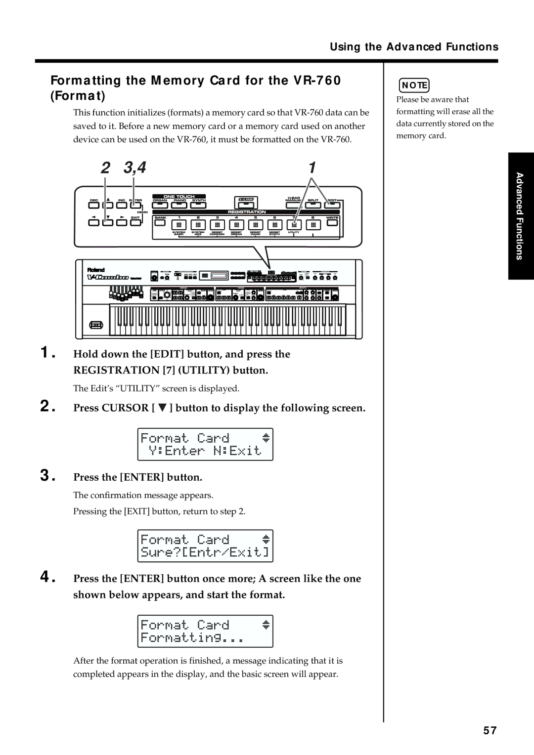 Roland Formatting the Memory Card for the VR-760 Format, Press Cursor button to display the following screen 