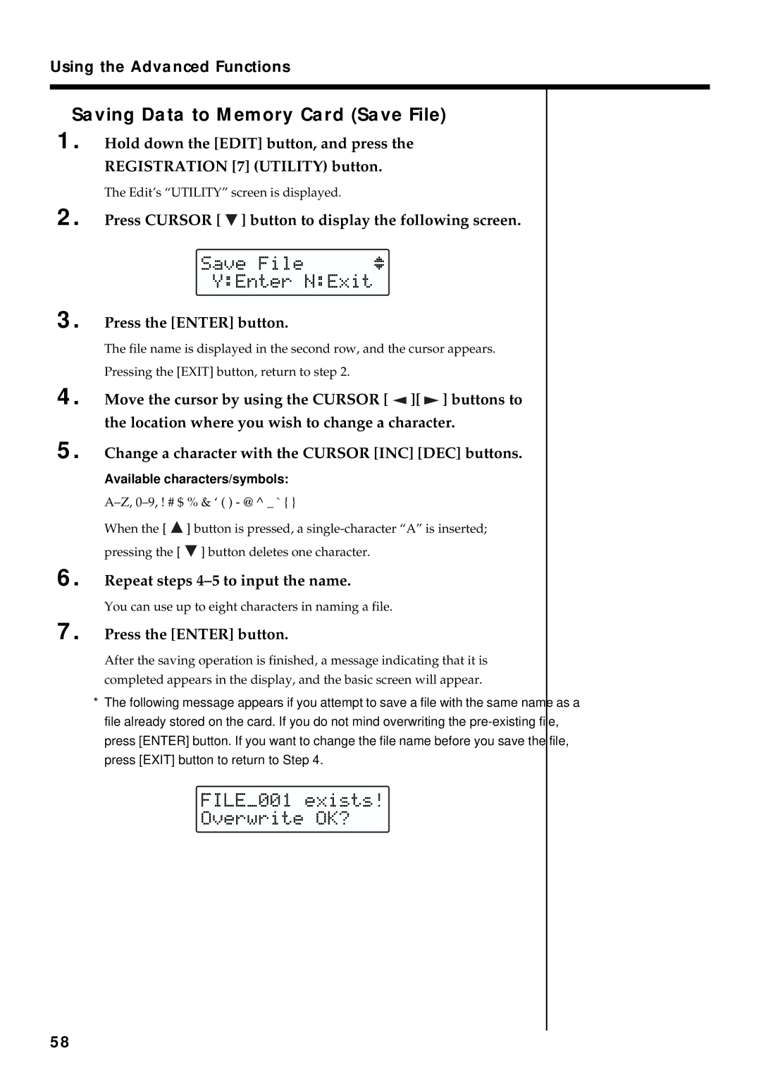 Roland VR-760 Saving Data to Memory Card Save File, Repeat steps 4-5 to input the name, Available characters/symbols 