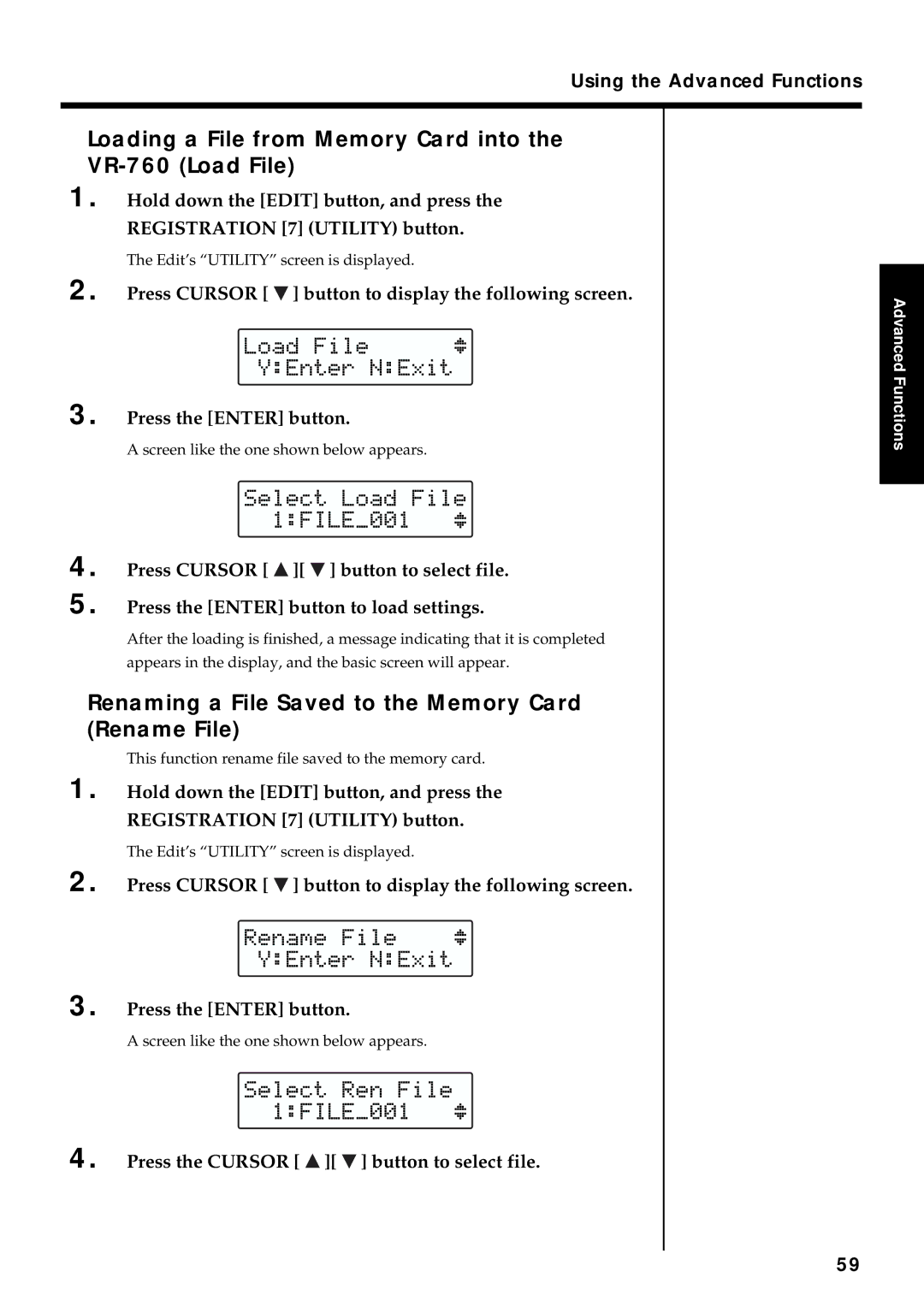 Roland Loading a File from Memory Card into the VR-760 Load File, Renaming a File Saved to the Memory Card Rename File 