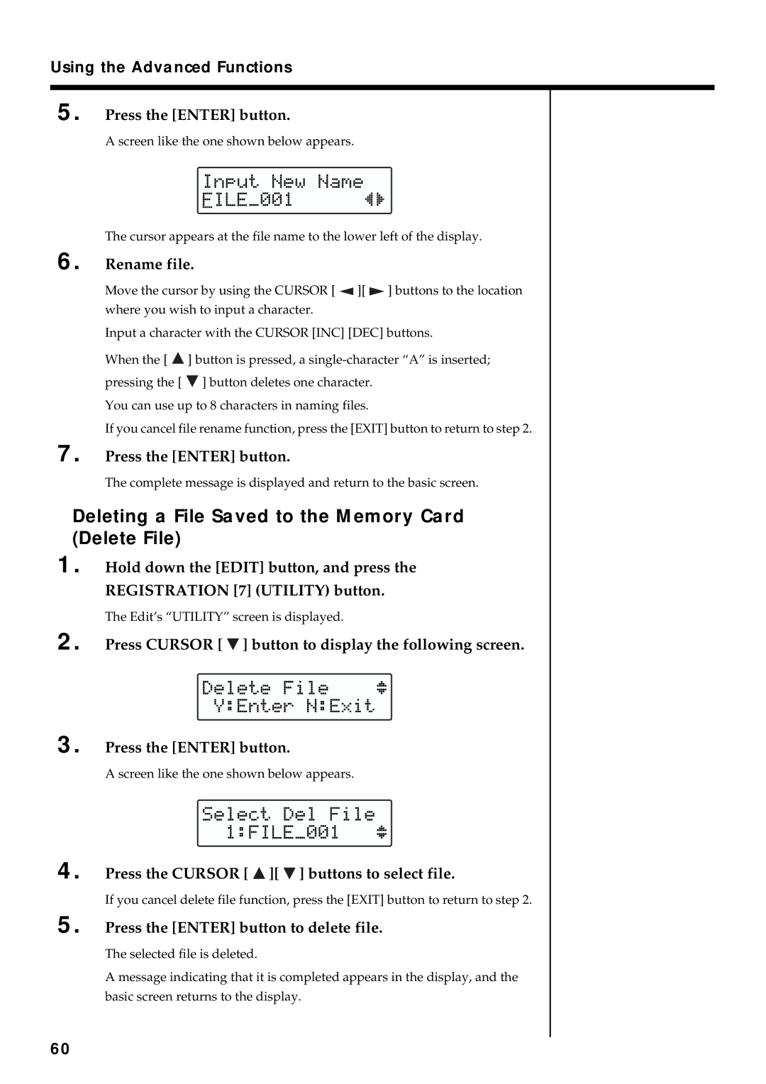 Roland VR-760 Deleting a File Saved to the Memory Card Delete File, Rename file, Press the Cursor buttons to select file 