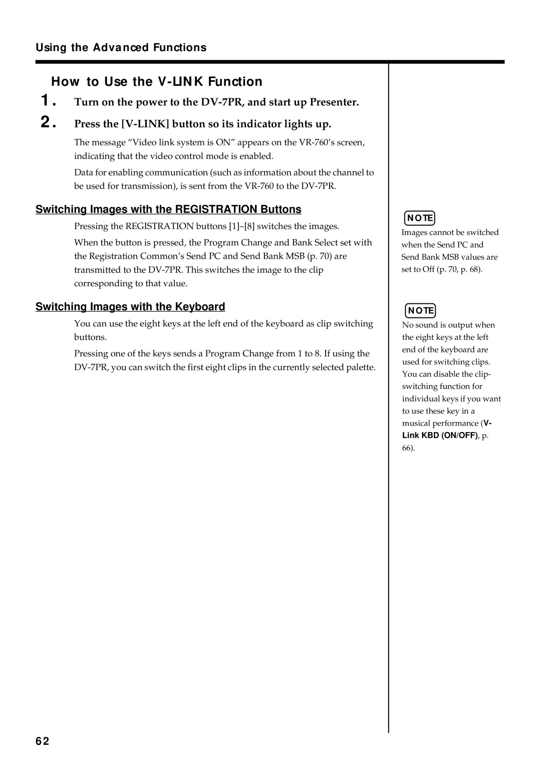 Roland VR-760 owner manual How to Use the V-LINK Function, Switching Images with the Registration Buttons 