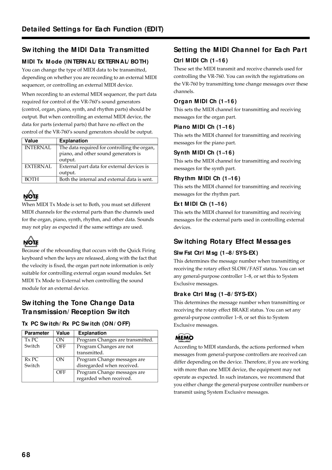 Roland VR-760 owner manual Setting the Midi Channel for Each Part, Switching Rotary Effect Messages 