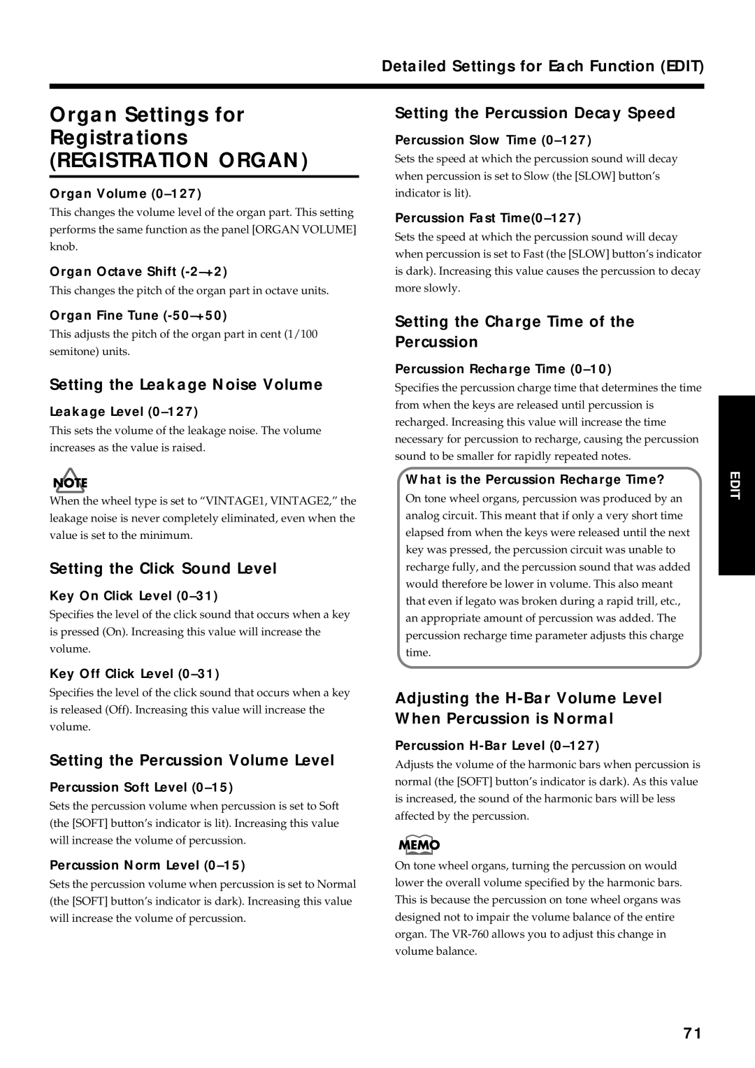 Roland VR-760 owner manual Organ Settings for Registrations 