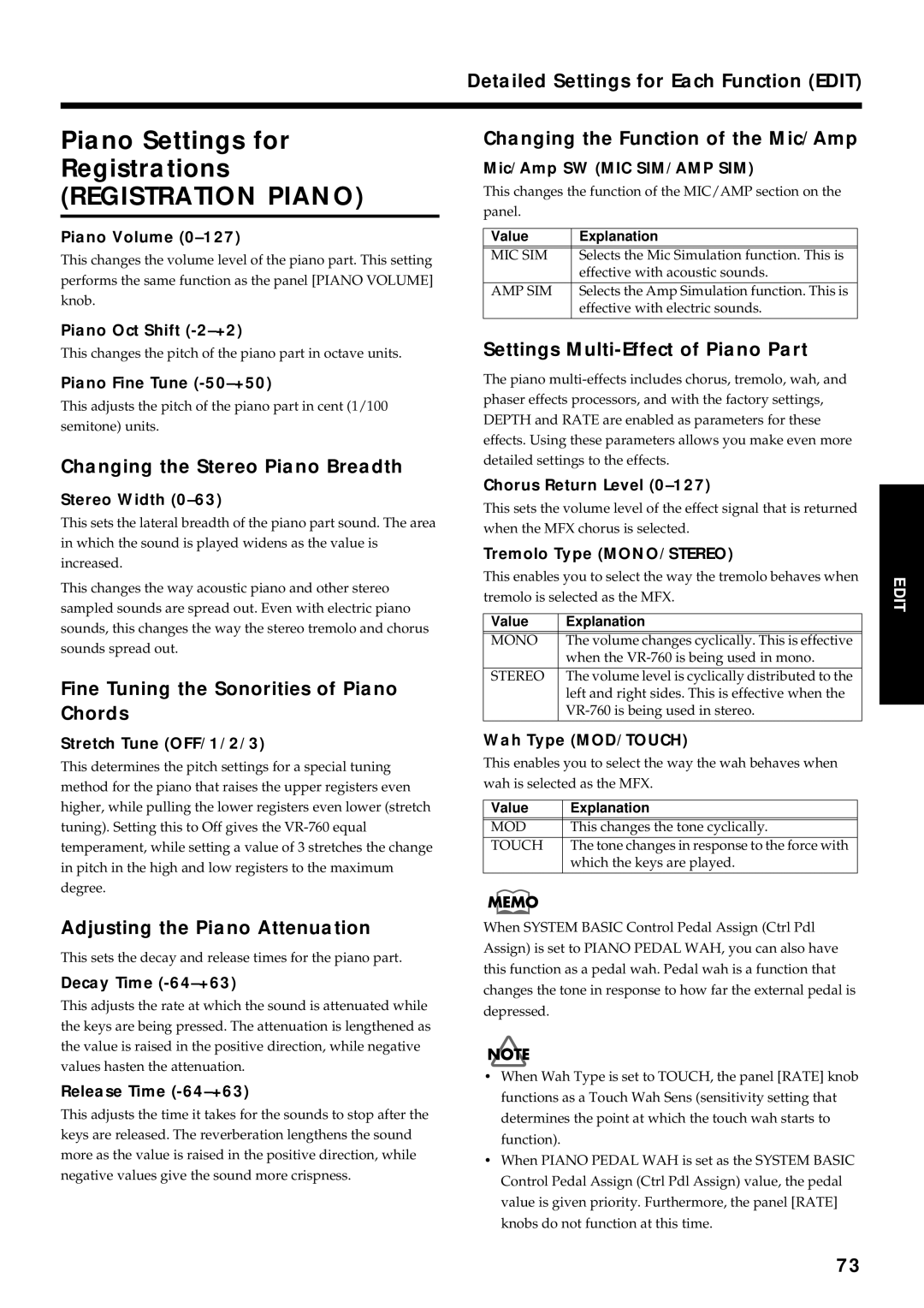 Roland VR-760 owner manual Piano Settings for Registrations 