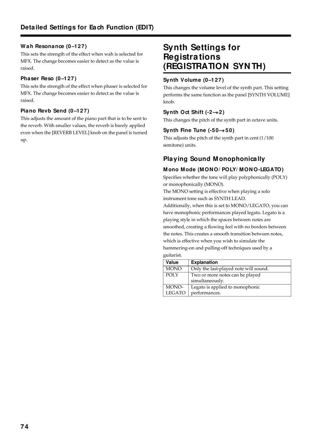 Roland VR-760 owner manual Synth Settings for Registrations, Playing Sound Monophonically 