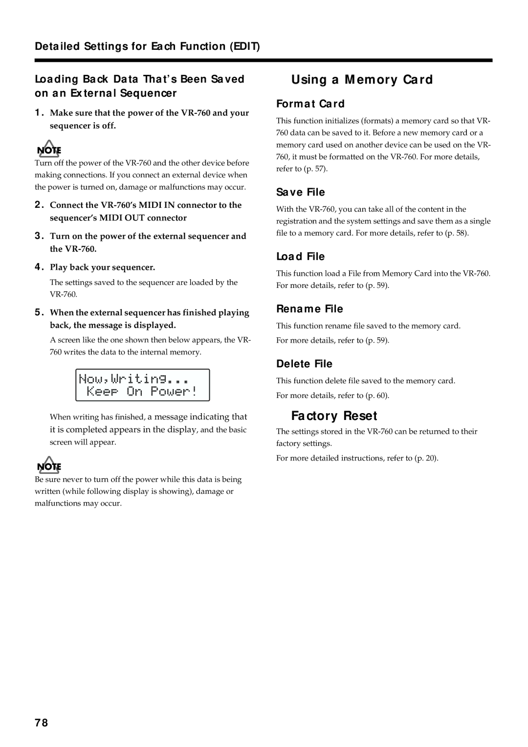Roland VR-760 owner manual Using a Memory Card, Factory Reset 