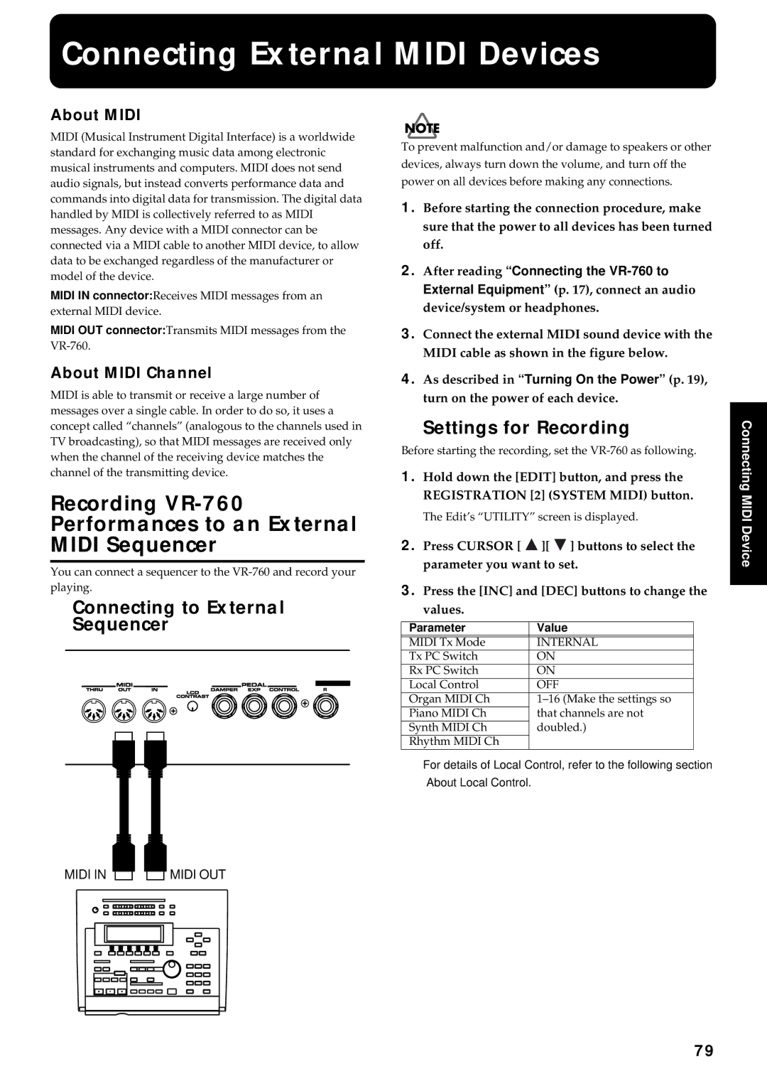 Roland owner manual Connecting External Midi Devices, Recording VR-760 Performances to an External Midi Sequencer 