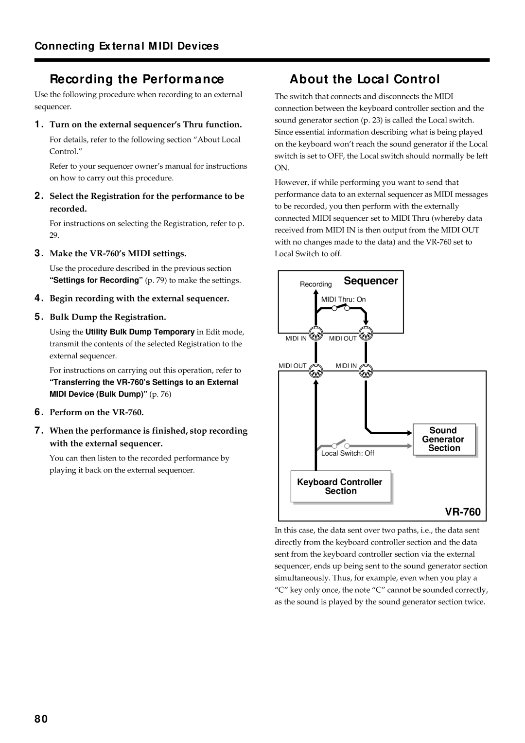 Roland VR-760 owner manual Recording the Performance, About the Local Control, Connecting External Midi Devices 