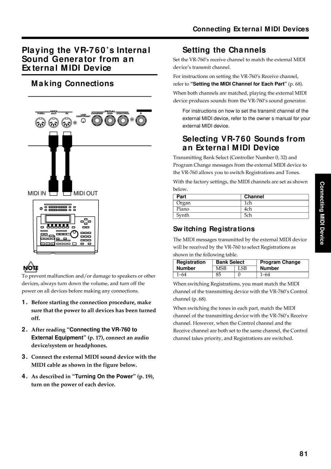 Roland owner manual Making Connections, Setting the Channels, Selecting VR-760 Sounds from An External Midi Device 