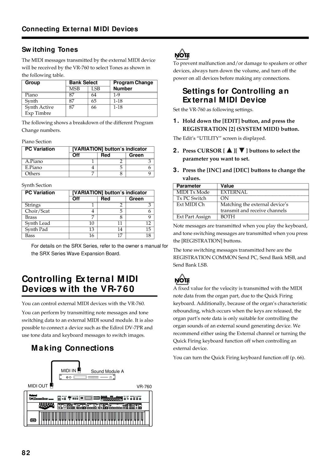 Roland owner manual Controlling External Midi Devices with the VR-760, Settings for Controlling an External Midi Device 