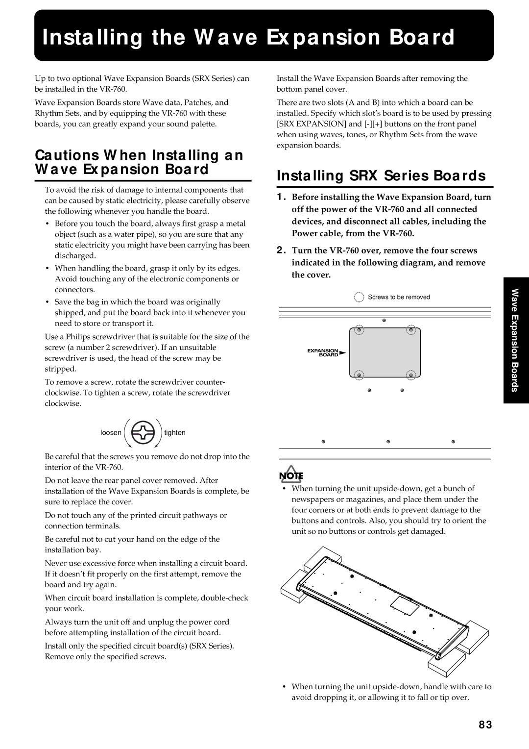 Roland VR-760 owner manual Installing the Wave Expansion Board, Installing SRX Series Boards 