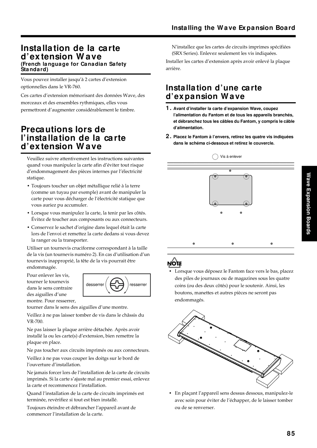 Roland VR-760 owner manual Installation de la carte d’extension Wave, French language for Canadian Safety Standard 