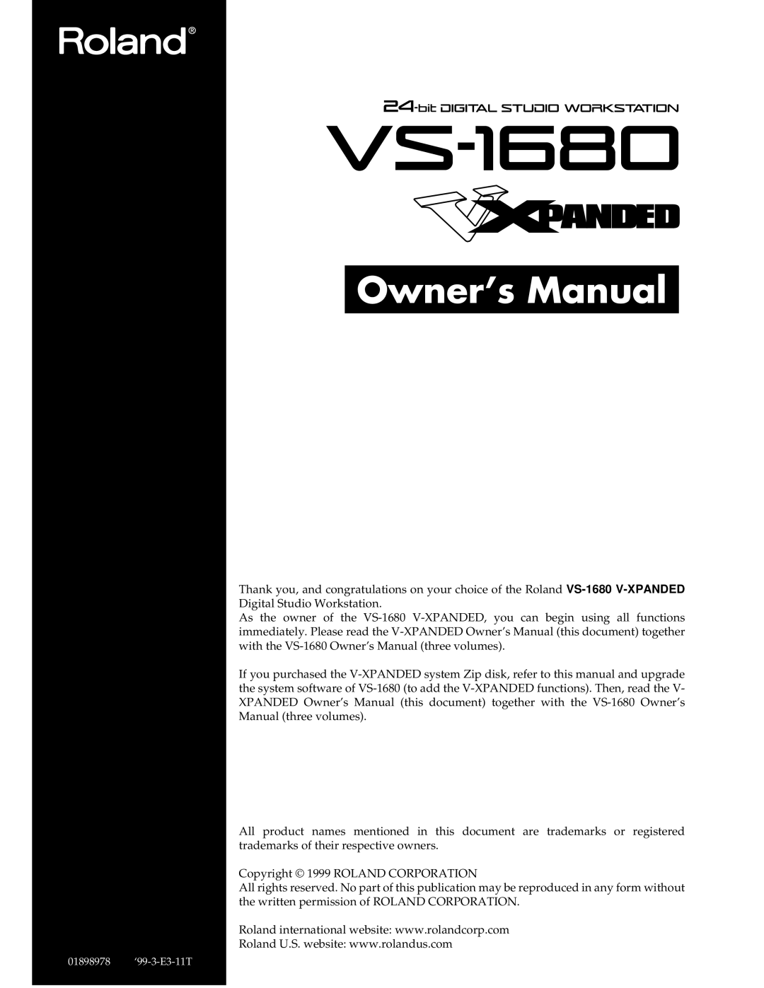 Roland VS-1680 owner manual 01898978 ‘99-3-E3-11T 