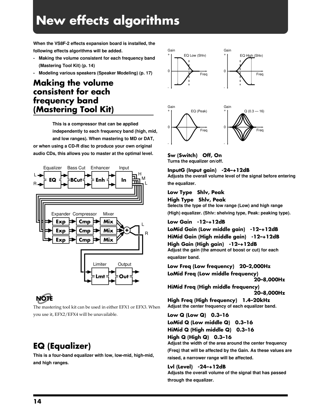 Roland VS-1680 owner manual New effects algorithms, EQ Equalizer, Expander Compressor Mixer 