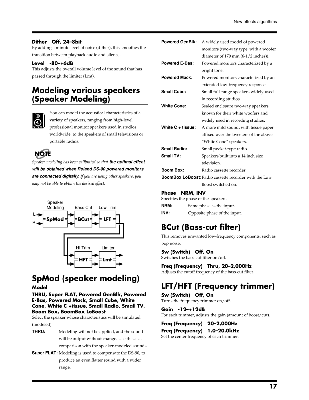 Roland VS-1680 owner manual Modeling various speakers Speaker Modeling, SpMod speaker modeling, LFT/HFT Frequency trimmer 