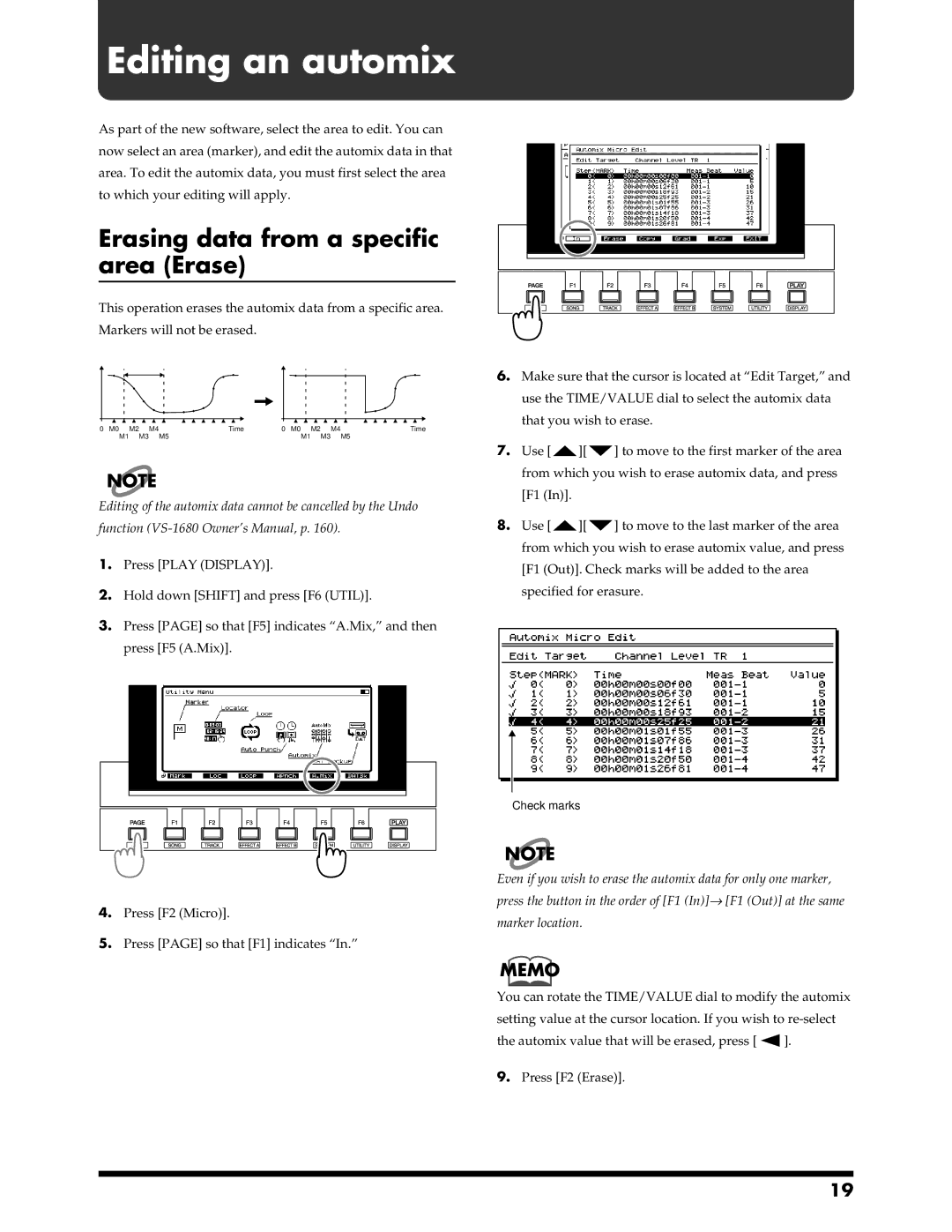 Roland VS-1680 owner manual Editing an automix, Erasing data from a specific area Erase 