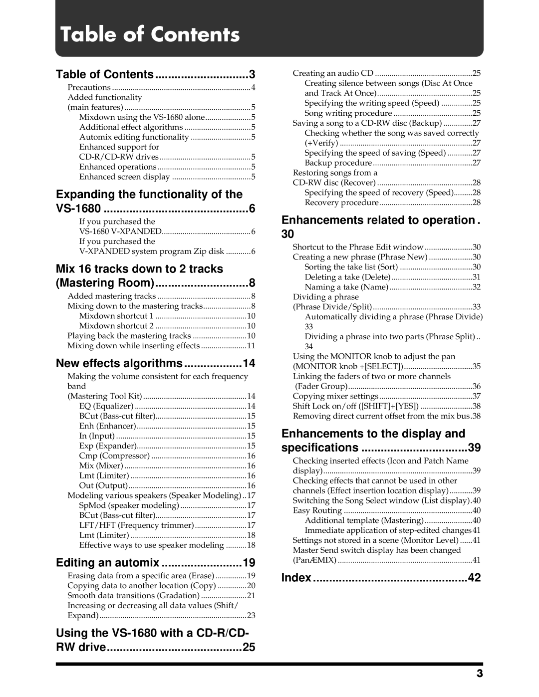 Roland VS-1680 owner manual Table of Contents 