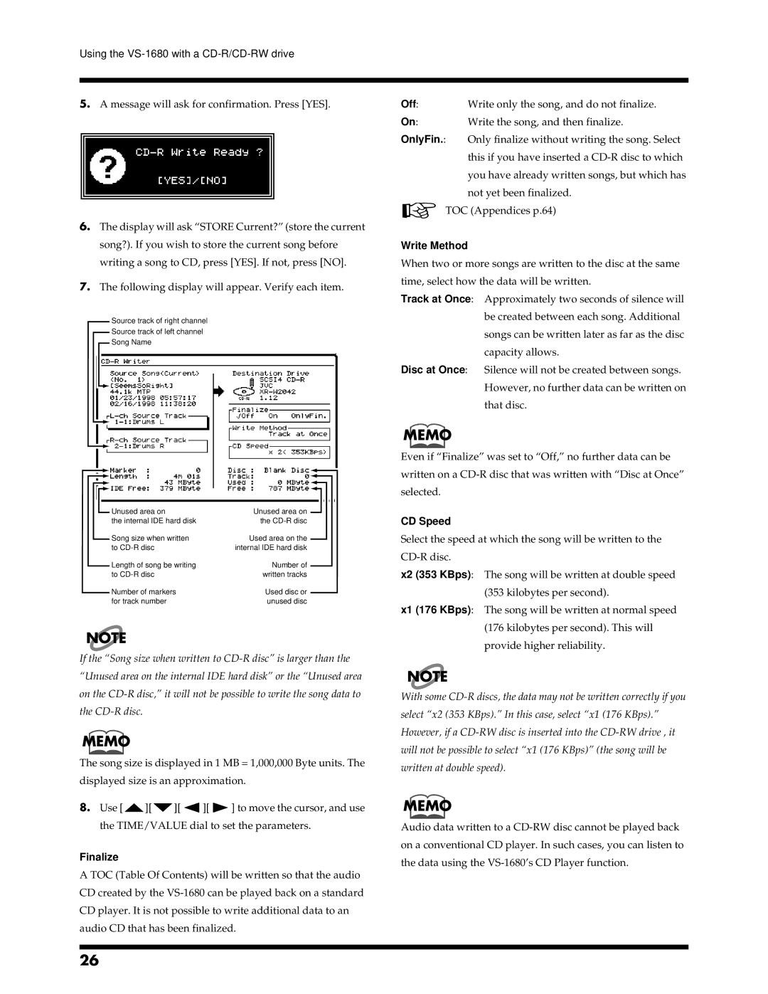 Roland VS-1680 owner manual Finalize, Write Method, CD Speed 