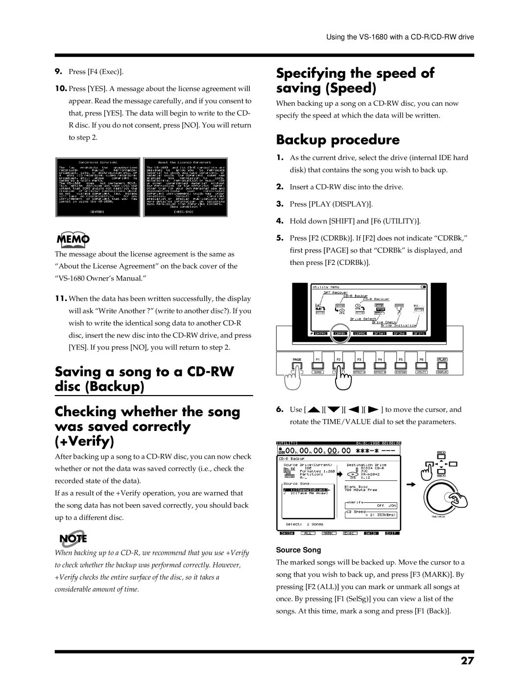 Roland VS-1680 owner manual Specifying the speed of saving Speed, Backup procedure, Source Song 