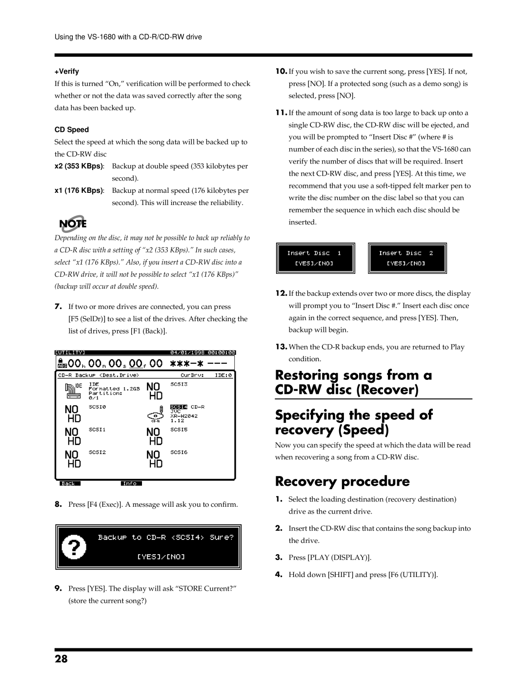 Roland VS-1680 owner manual Recovery procedure, +Verify, X2 353 KBps X1 176 KBps 