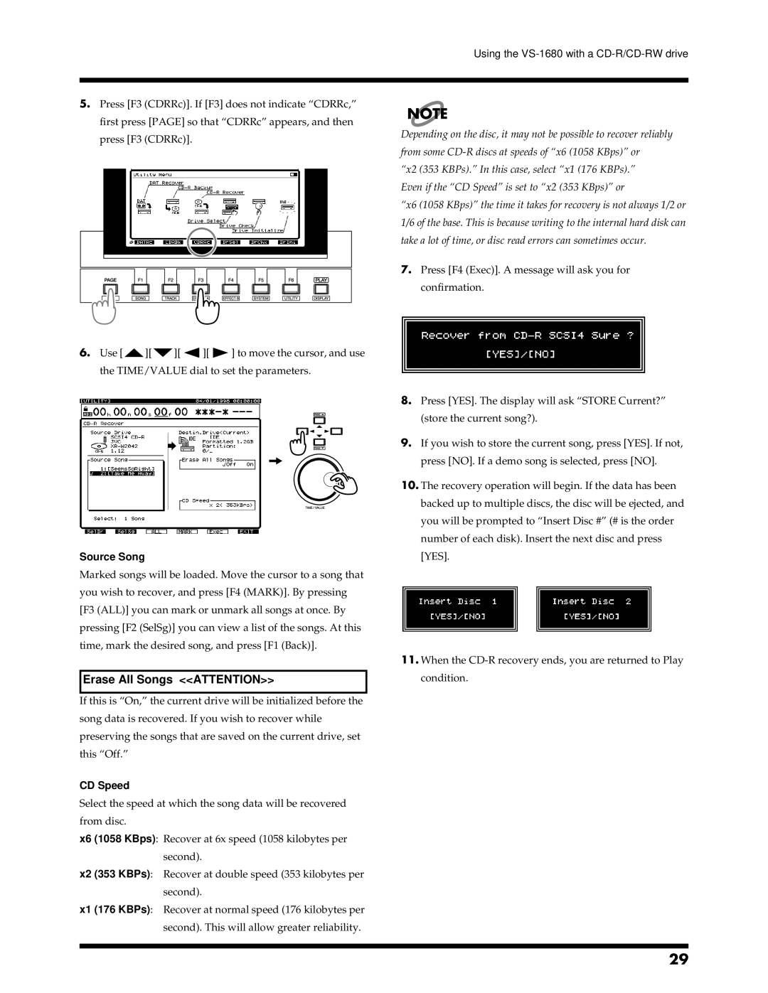 Roland VS-1680 owner manual Erase All Songs Attention 