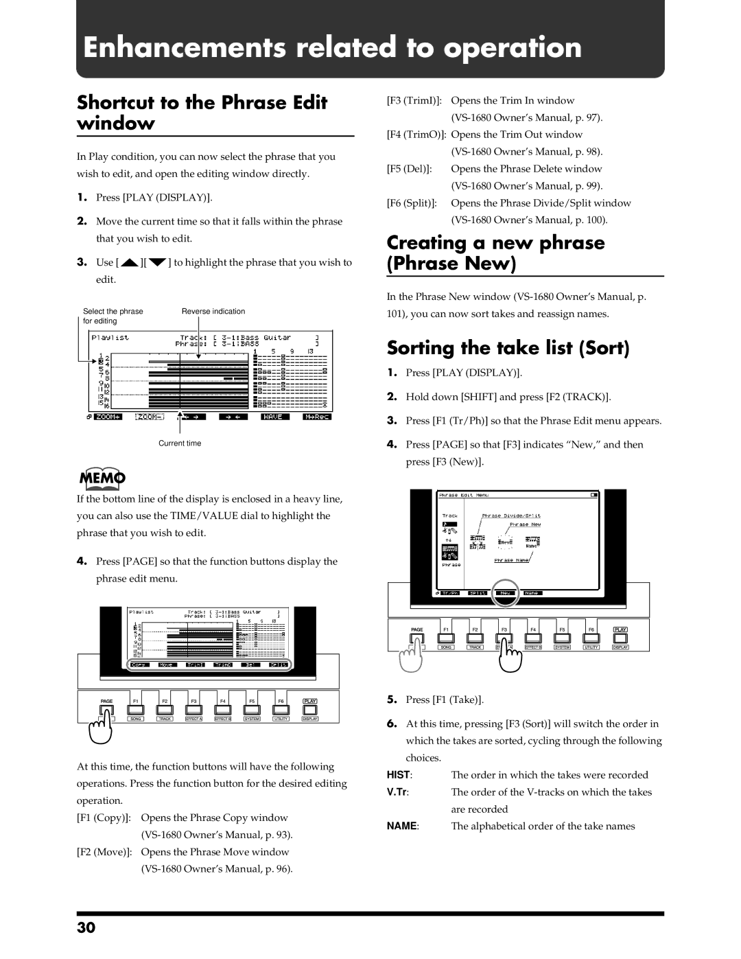 Roland VS-1680 Enhancements related to operation, Shortcut to the Phrase Edit window, Creating a new phrase Phrase New 