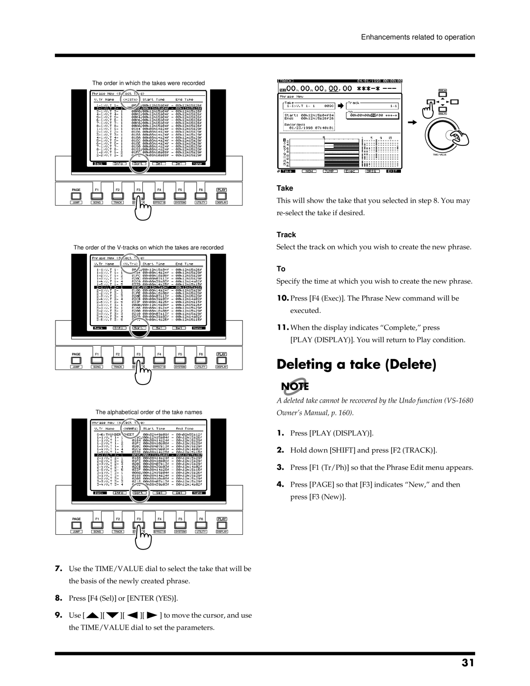 Roland VS-1680 owner manual Deleting a take Delete, Take, Track 